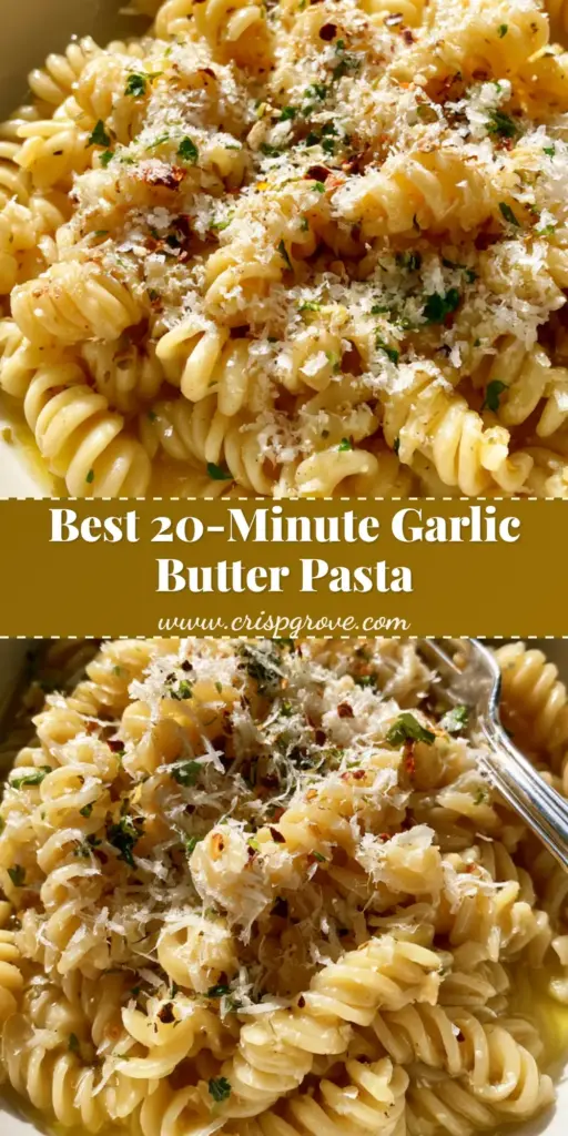 Garlic Butter Pasta: The Ultimate 15-Minute Glossy Rotini Recipe 3 A shallow white ceramic bowl filled with glossy Garlic Butter Pasta (rotini) garnished with parmesan, parsley, and red pepper flakes with a silver fork.