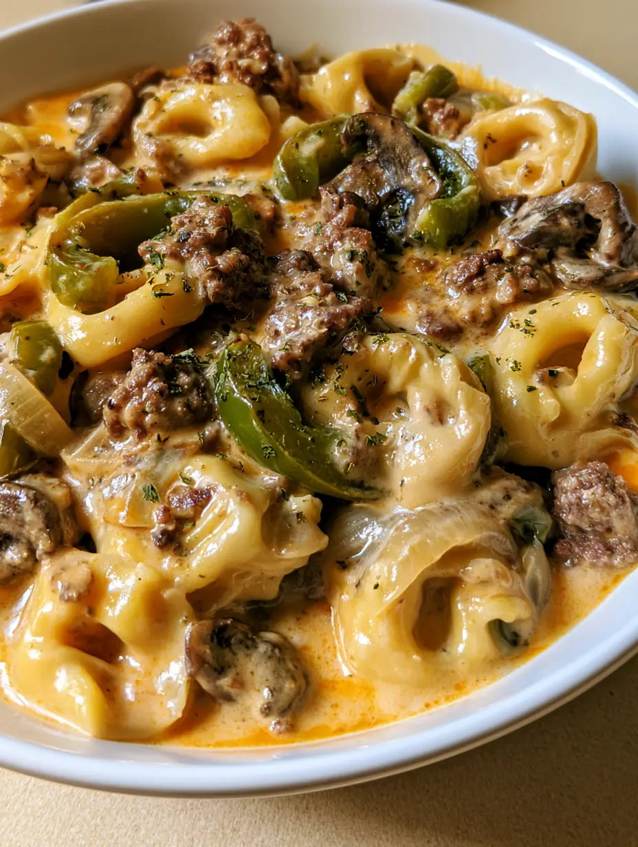 Crockpot Cheesesteak Tortellini with Creamy Sauce 4 A handheld smartphone photo of Crockpot Cheesesteak Tortellini featuring browned beef crumbles and sliced green peppers in a creamy sauce.