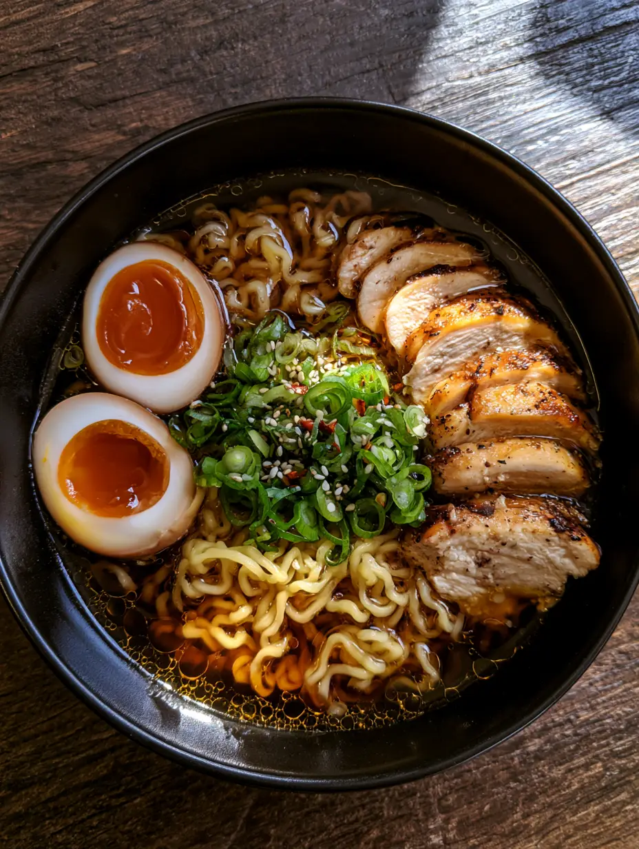 Homemade Ramen Recipe: The Ultimate Shoyu Chicken Bowl with Jammy Eggs 3 Close-up of wavy wheat noodles and jammy eggs in a Homemade Ramen Recipe bowl on a rustic wooden table.