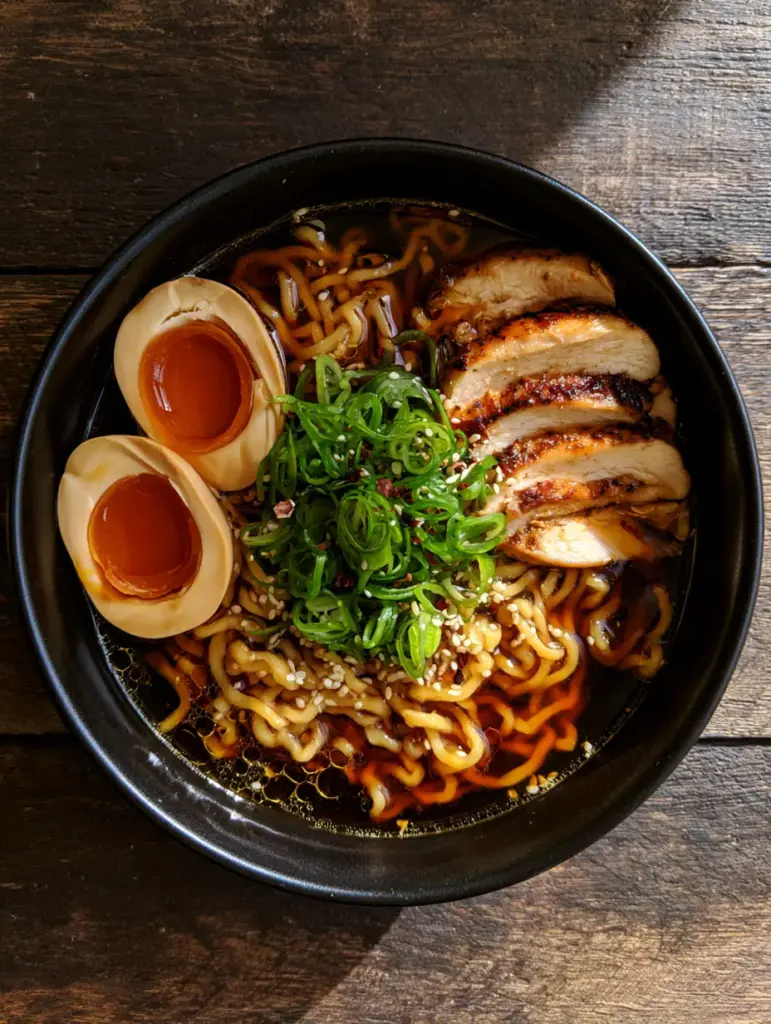 Homemade Ramen Recipe: The Ultimate Shoyu Chicken Bowl with Jammy Eggs 1 A bowl of Homemade Ramen Recipe showing seared chicken breast with golden-brown edges and fresh scallions.