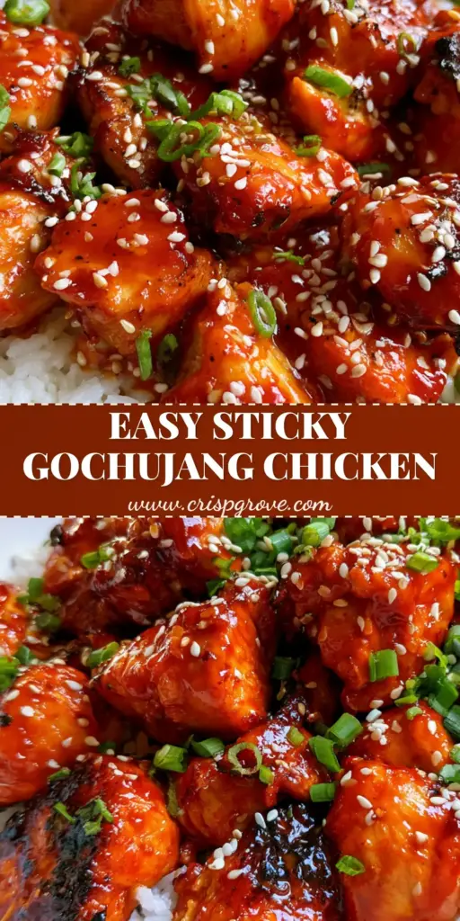 Gochujang Chicken Recipe: The Best Sticky Korean-Inspired Bites 4 A close-up of glossy, vibrant red-orange Gochujang Chicken bites topped with sesame seeds and scallions over white rice. (Gochujang Chicken Recipe)