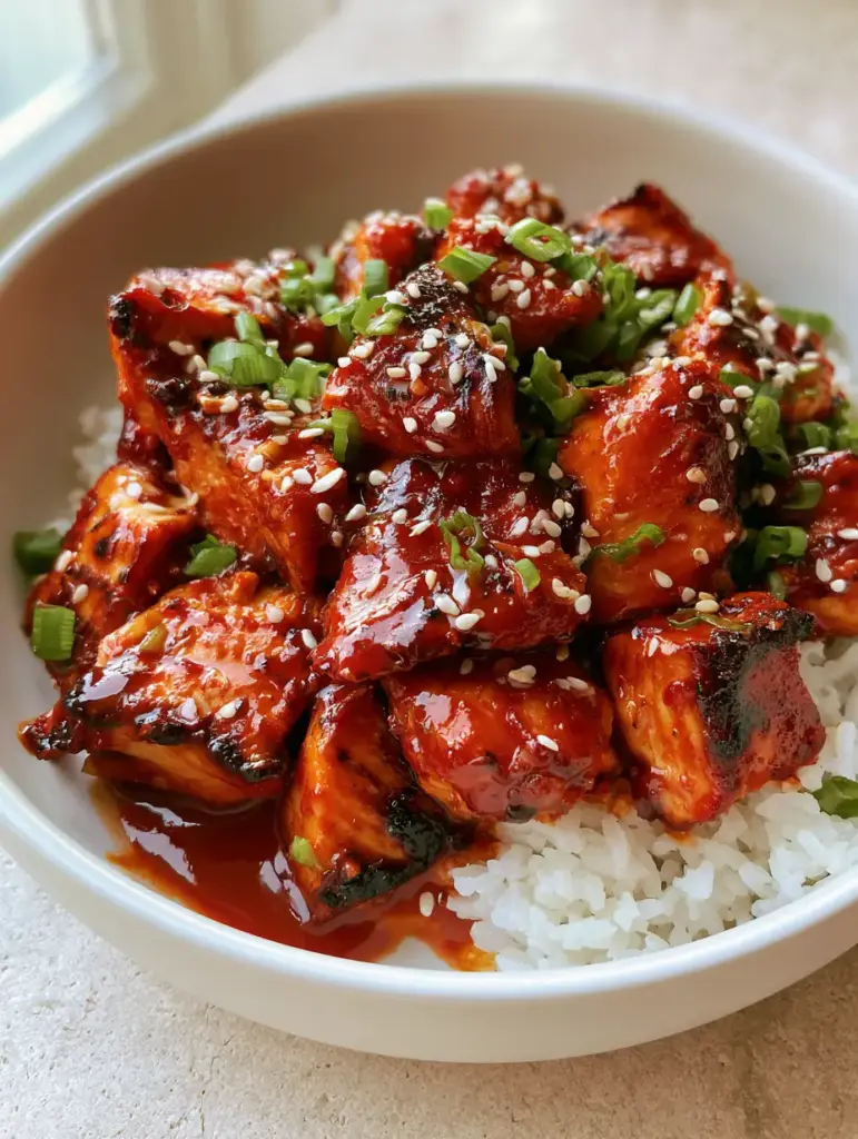 Gochujang Chicken Recipe: The Best Sticky Korean-Inspired Bites 2 Overhead shot of pan-seared chicken breast bites in a thick, sticky gochujang glaze. (Gochujang Chicken Recipe)