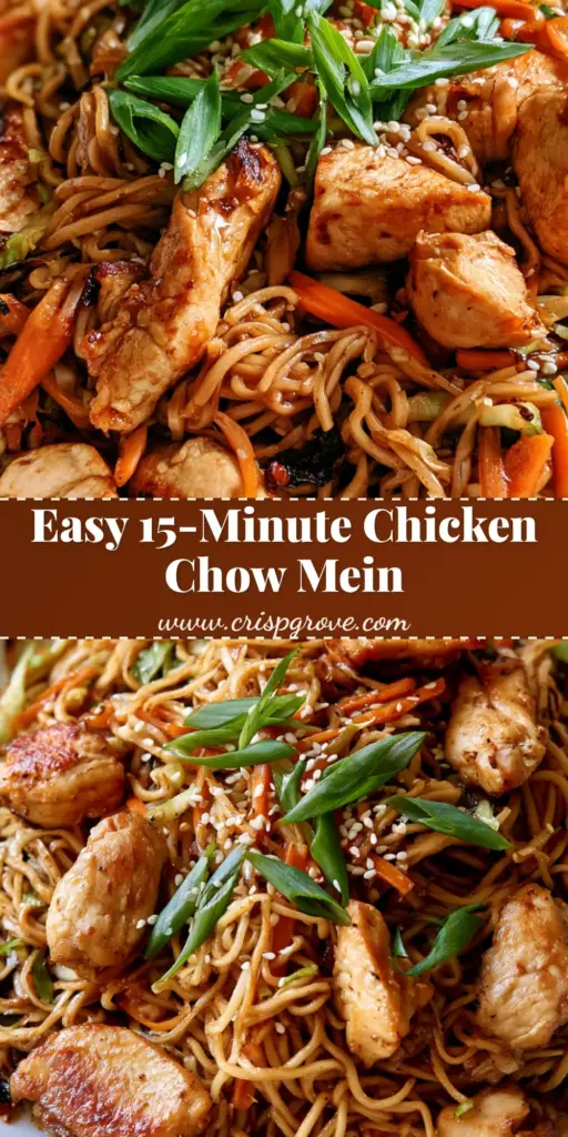 Chicken Chow Mein With Crispy Stir-Fried Egg Noodles 3 A close-up vertical shot of Chicken Chow Mein on a white plate with glossy sauce, orange carrots, and green cabbage garnish.