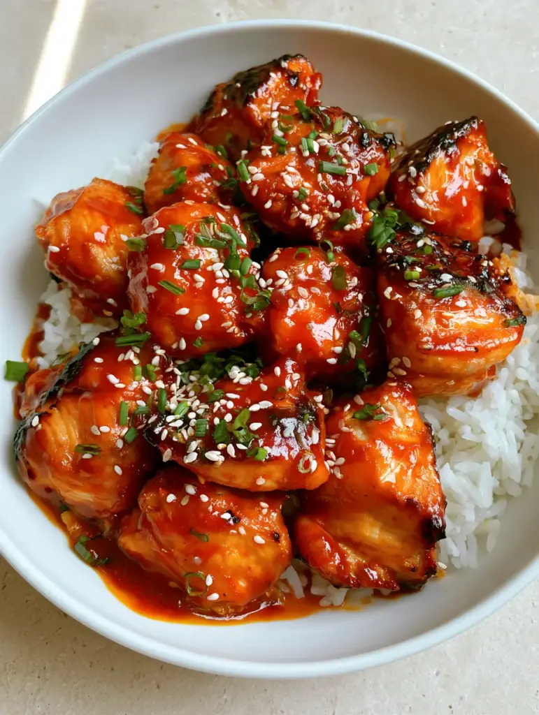 Gochujang Chicken Recipe: The Best Sticky Korean-Inspired Bites 1 Close-up of sticky Korean chicken in a white bowl with scallions and sesame seeds.