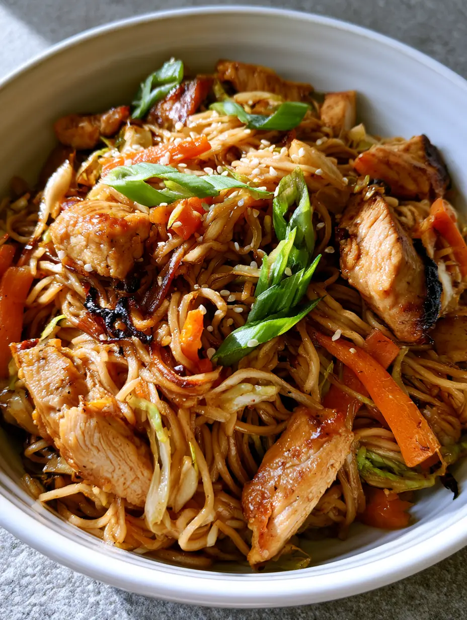 Chicken Chow Mein With Crispy Stir-Fried Egg Noodles 4 Close-up of Chicken Chow Mein featuring seared chicken breast strips and julienned carrots on a white ceramic plate.