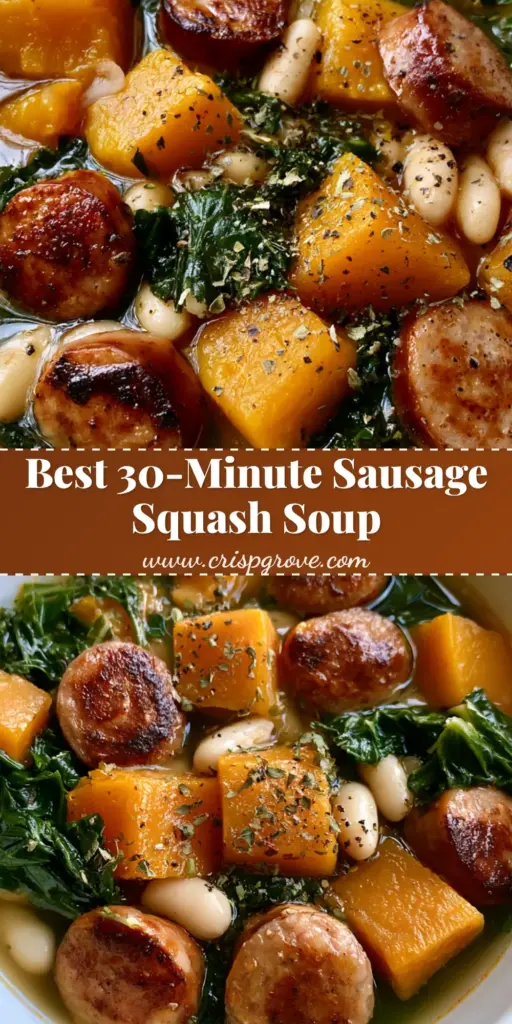 Butternut Squash Sausage Soup: A Hearty, Savory Autumn Classic 3 A top-down close-up of Butternut Squash Sausage Soup in a white bowl featuring orange squash, seared sausage, and kale.