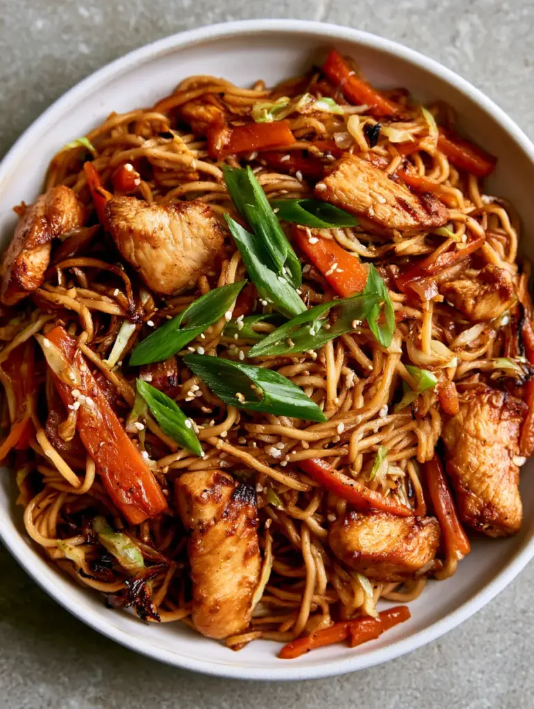 Chicken Chow Mein With Crispy Stir-Fried Egg Noodles 1 Macro shot of stir-fried egg noodles with charred edges and a sprinkle of toasted white sesame seeds.