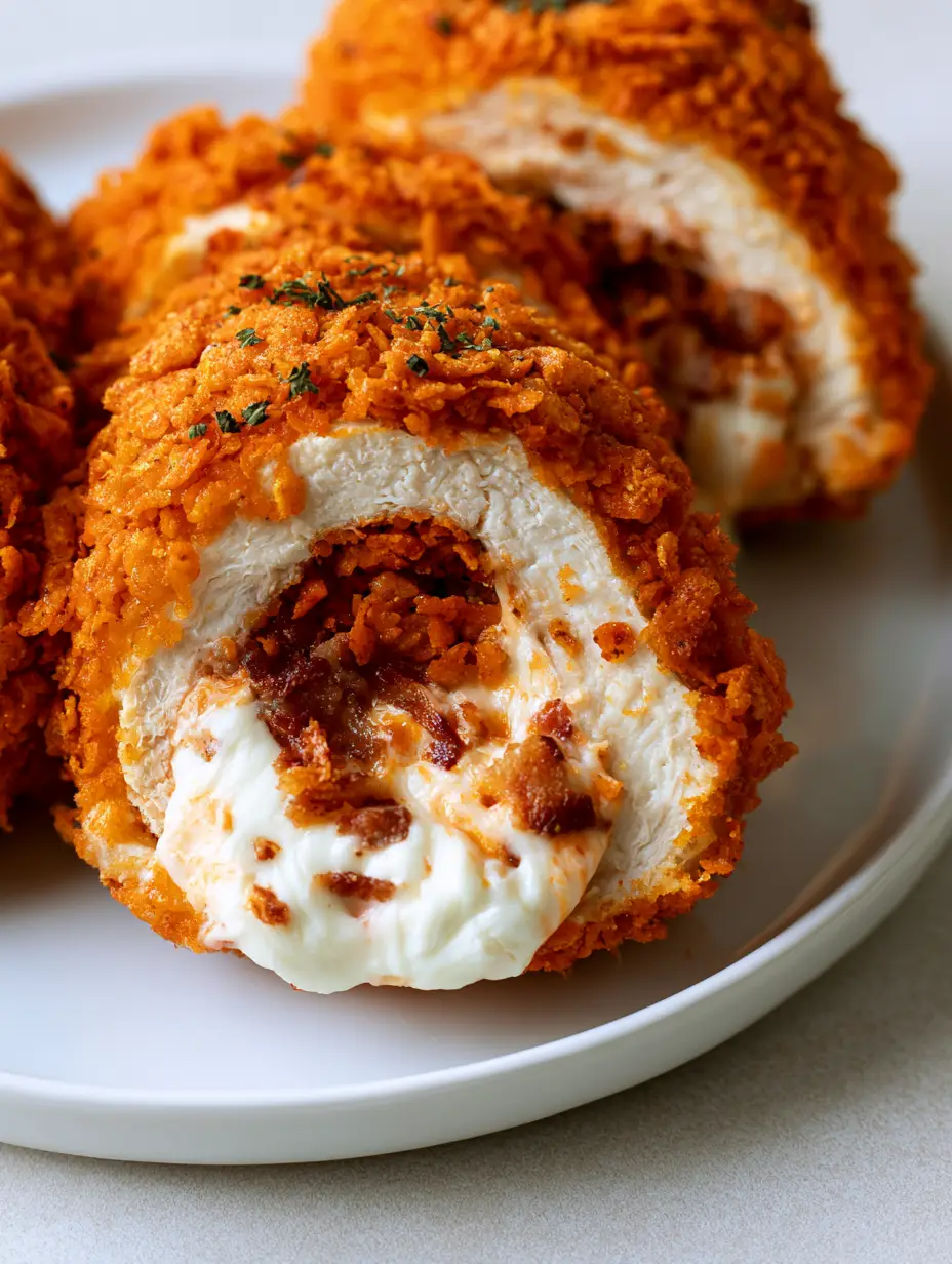 Close-up of Doritos Stuffed Chicken with melted cream cheese and crispy bacon bits on a white plate.