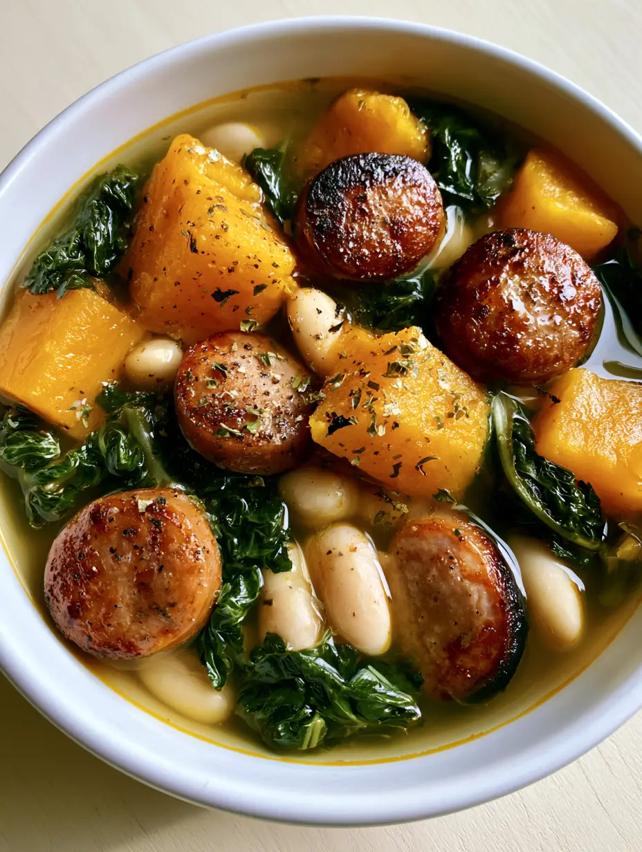 Butternut Squash Sausage Soup: A Hearty, Savory Autumn Classic 4 Hearty bowl of Butternut Squash Sausage Soup with white cannellini beans and wilted kale.