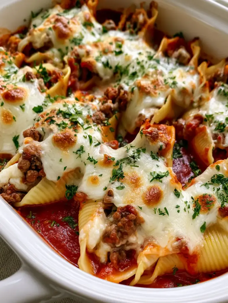 Ground Beef Stuffed Shells: The Ultimate Cheesy Comfort Food Bake 2 Close up of Ground Beef Stuffed Shells overflowing with creamy beef filling and melted cheese in a vibrant red sauce.