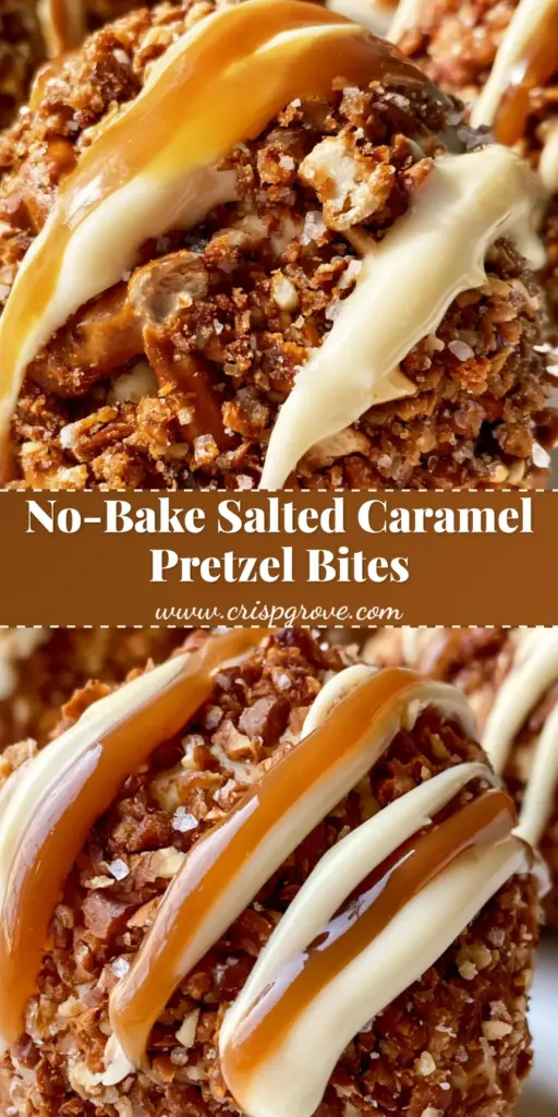 Salted Caramel Pretzel Cheesecake Bites: The Ultimate Sweet & Salty Treat 4 A close-up vertical shot of Salted Caramel Pretzel Cheesecake Bites showing spherical truffles coated in crushed pretzels with a double drizzle of caramel and white chocolate.
