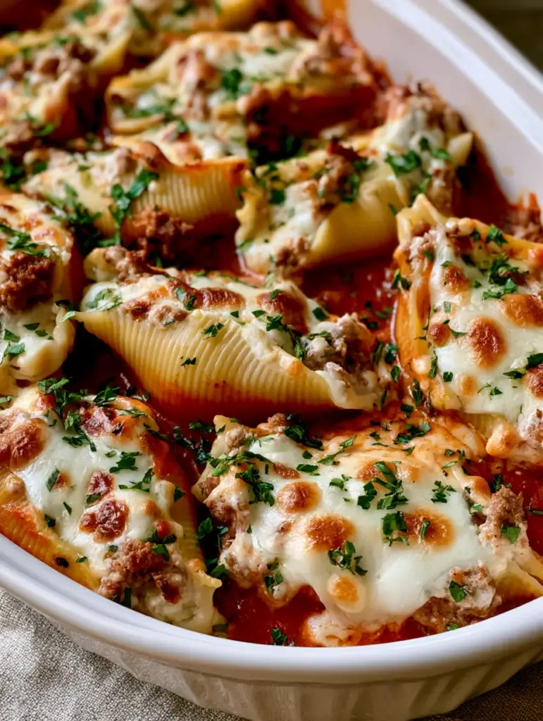 Ground Beef Stuffed Shells: The Ultimate Cheesy Comfort Food Bake 1 Handheld photo of Ground Beef Stuffed Shells in a white ceramic dish, showing the thick marinara sauce and heavy parsley garnish.
