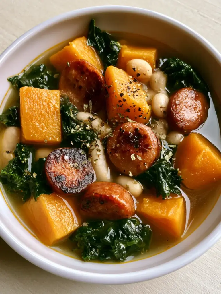 Butternut Squash Sausage Soup: A Hearty, Savory Autumn Classic 1 A overhead view of Butternut Squash Sausage Soup garnished with dried herbs and black pepper.