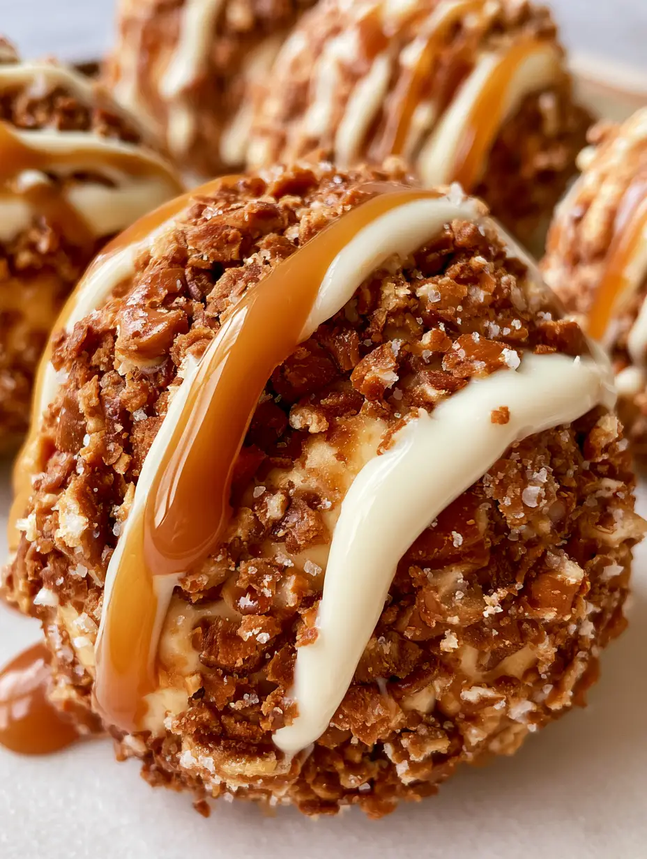 Salted Caramel Pretzel Cheesecake Bites: The Ultimate Sweet & Salty Treat 3 Handheld smartphone photo of Salted Caramel Pretzel Cheesecake Bites with visible salt grains on the crushed pretzel coating.