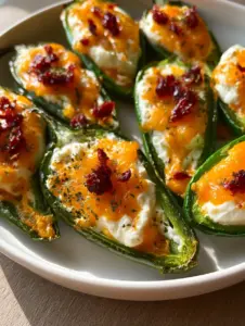 Close-up of Jalapeño Poppers on a white plate showcasing the smooth cream cheese filling and melted sharp cheddar.