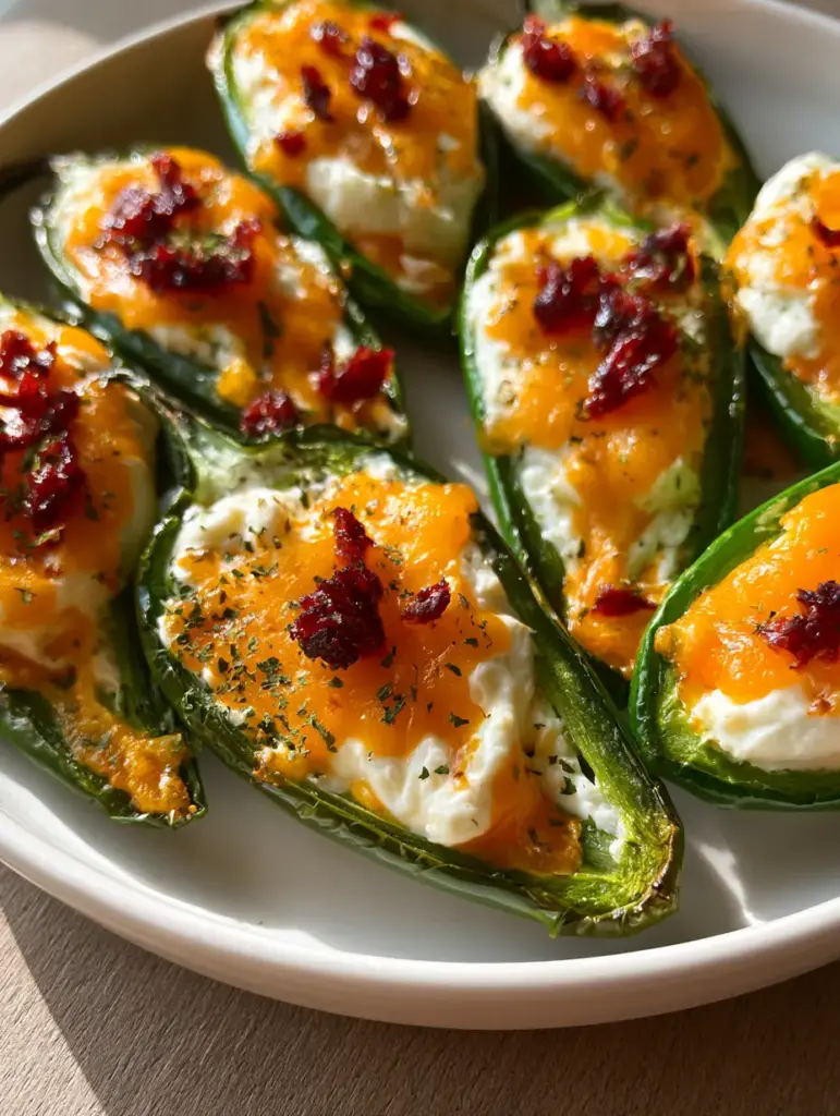 Jalapeño Poppers: The Ultimate Cheesy Bacon Party Appetizer 2 Close-up of Jalapeño Poppers on a white plate showcasing the smooth cream cheese filling and melted sharp cheddar.