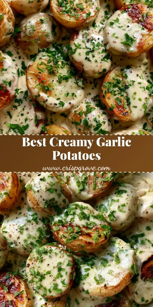 Creamy Garlic Potatoes with Golden Charred Edges and Fresh Parsley 3 A close-up shot of pan-seared baby potato halves with golden-brown charred edges, coated in a thick white garlic cream sauce and topped with fresh parsley. (Creamy Garlic Potatoes)