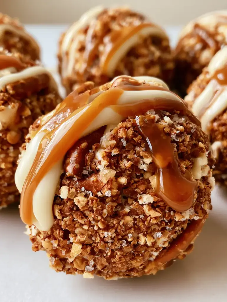 Salted Caramel Pretzel Cheesecake Bites: The Ultimate Sweet & Salty Treat 1 A detailed view of the liquid caramel and opaque white chocolate drizzle over spherical cheesecake bites.