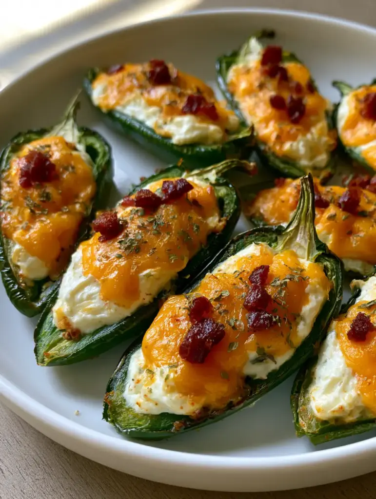 Jalapeño Poppers: The Ultimate Cheesy Bacon Party Appetizer 1 Jalapeño Poppers garnished with dark red crispy bacon crumbles and dried parsley flakes on a neutral wooden surface.
