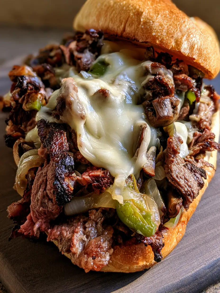 Philly Cheesesteak Recipe: The Ultimate Guide to Authentic Flavor 3 High-angle shot of a Philly Cheesesteak showing charred ribeye steak, translucent onions, and gooey cheese. (Philly Cheesesteak Recipe)