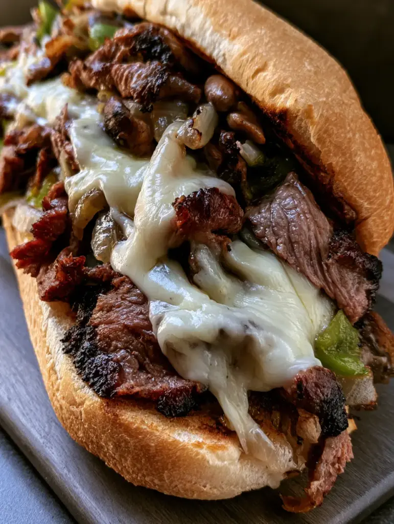 Philly Cheesesteak Recipe: The Ultimate Guide to Authentic Flavor 1 Close-up of the toasted hoagie roll and melted white provolone cheese stretch in a Philly Cheesesteak Recipe.