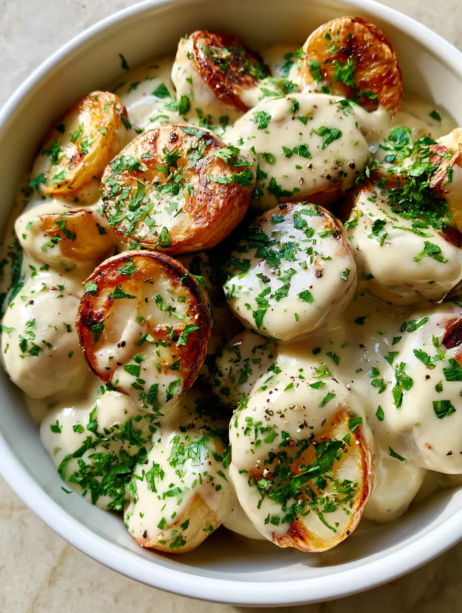 Creamy Garlic Potatoes with Golden Charred Edges and Fresh Parsley 4 Top-down view of a white ceramic bowl filled with Creamy Garlic Potatoes, showcasing the glossy white sauce and herb garnish. (Creamy Garlic Potatoes)