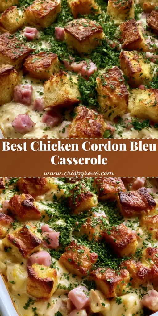 Chicken Cordon Bleu Casserole with Crispy Herb Stuffing 3 Close up overhead shot of Chicken Cordon Bleu Casserole featuring toasted golden stuffing cubes and fresh parsley in a white dish.