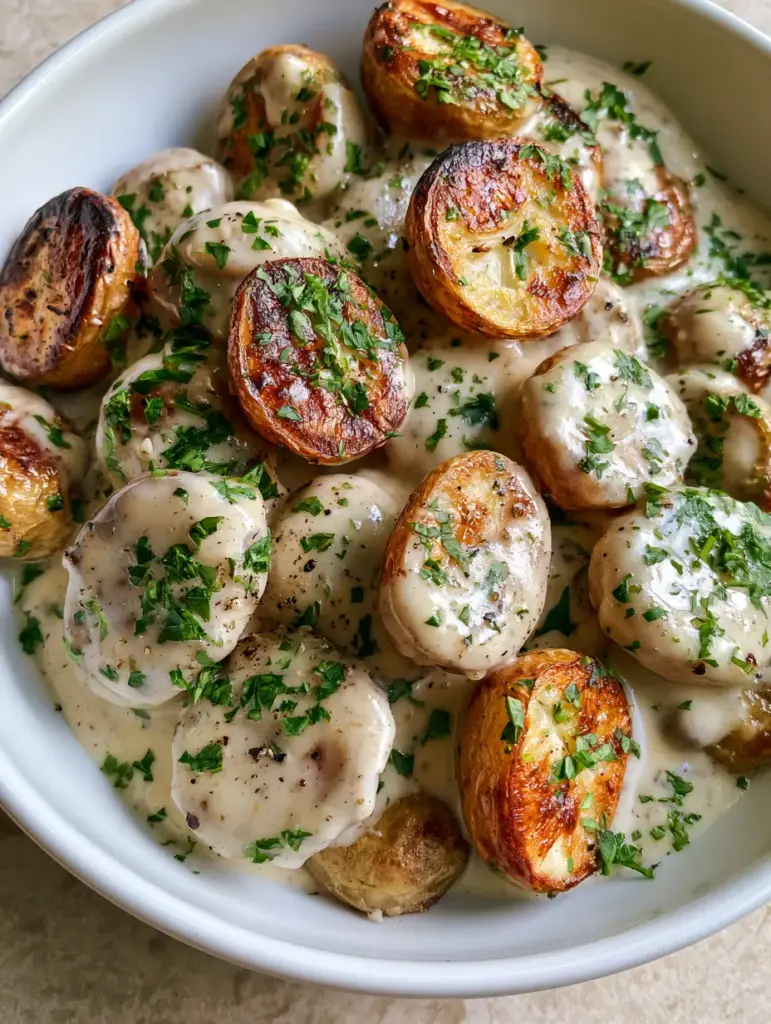 Creamy Garlic Potatoes with Golden Charred Edges and Fresh Parsley 1 Close-up handheld photo of golden-brown pan-seared potatoes in a creamy garlic sauce with black pepper specks.
