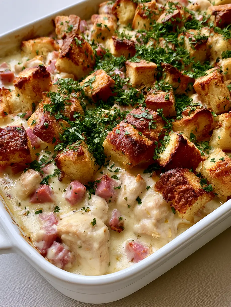 Chicken Cordon Bleu Casserole with Crispy Herb Stuffing 4 A handheld smartphone photo of a white ceramic rectangular baking dish filled with Chicken Cordon Bleu Casserole and crispy herb topping.