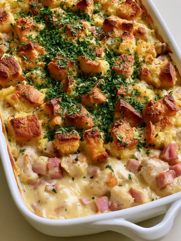 Chicken Cordon Bleu Casserole with Crispy Herb Stuffing 1 Visual texture of Chicken Cordon Bleu Casserole showing velvety pale yellow cheese sauce and pink ham cubes.