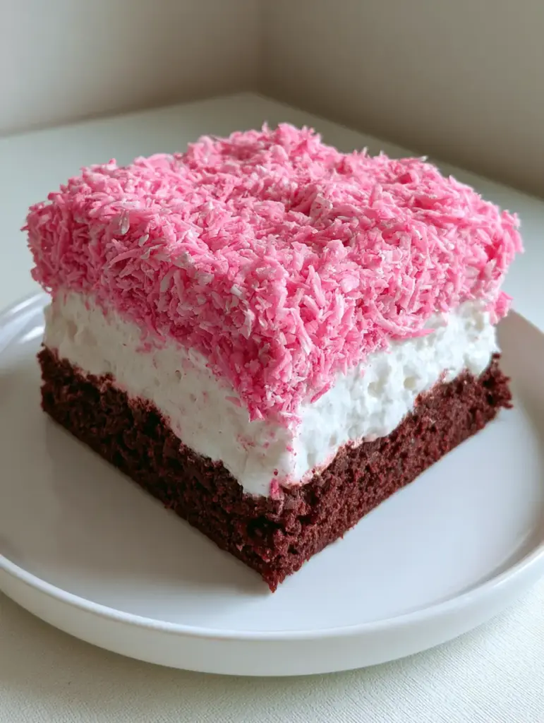 A handheld smartphone photo of a square dessert bar showing a dense chocolate base, marshmallow cream, and pink coconut. (Pink Coconut Snowball Cake Bars)