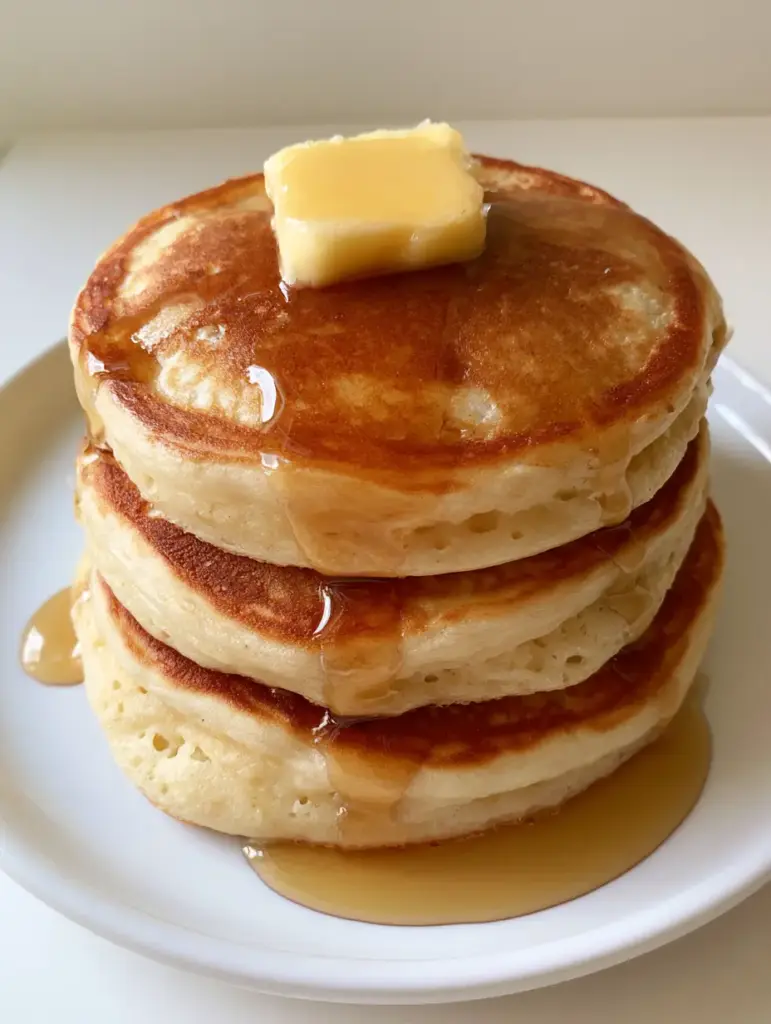 Close-up of golden-brown griddle pancakes showing porous, aerated sides. (Old Fashioned Pancake Recipe)