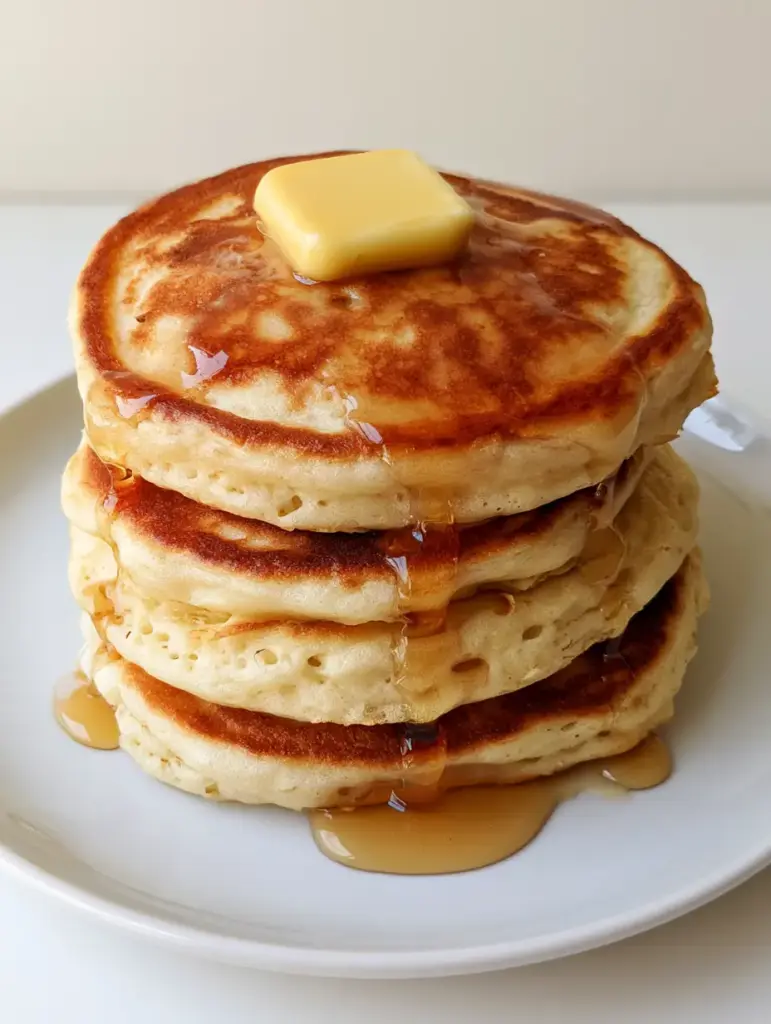 Old Fashioned Pancake Recipe: The Secret to Thick and Fluffy Stacks 1 A square pat of yellow butter melting over a stack of three golden pancakes on a white ceramic plate.