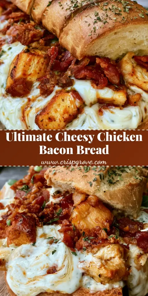 Chicken Bacon Ranch Bread: The Ultimate Loaded Cheesy Baguette 4 A close-up shot of Chicken Bacon Ranch Bread sliced into thick, cheesy sections on a wooden board.