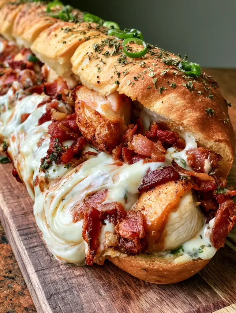 Thick sections of French baguette overflowing with melted mozzarella, roasted chicken, and bacon. (Chicken Bacon Ranch Bread)
