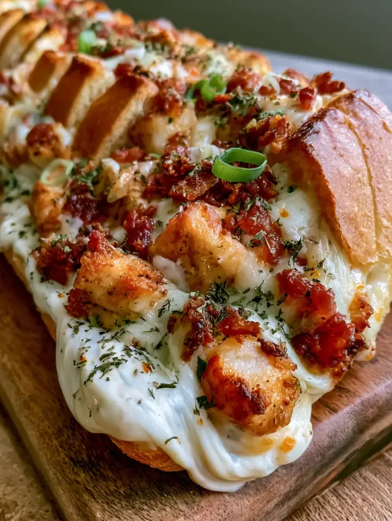 Chicken Bacon Ranch Bread: The Ultimate Loaded Cheesy Baguette 1 A side view of the toasted Chicken Bacon Ranch Bread showing the ranch swirl and green onion garnish.