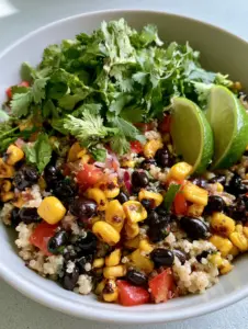 A smartphone photo showing the texture of fluffy white quinoa and charred corn. (Quinoa Salad)