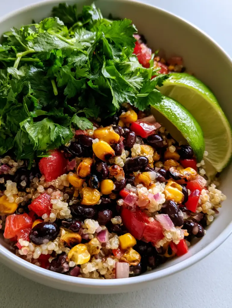 Quinoa Salad with Charred Corn and Zesty Lime Vinaigrette 1 A wide white bowl filled with Quinoa Salad, featuring red bell peppers and fresh cilantro.