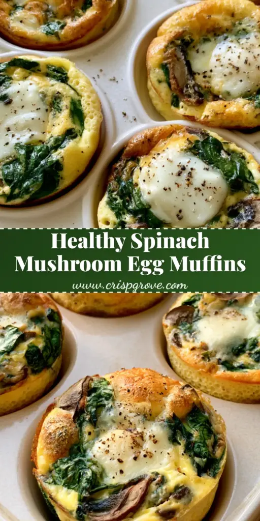 Healthy Egg Muffins with Spinach, Mushrooms, and Golden Mozzarella 4 Six golden-brown Healthy Egg Muffins with spinach and mushrooms in a white ceramic tin.