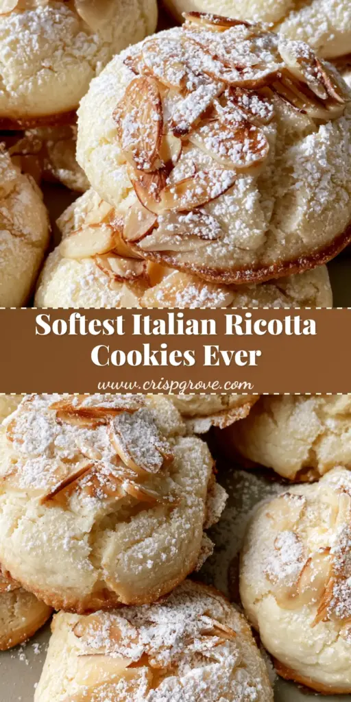 A close-up shot of thick Italian Almond Ricotta Cookies topped with toasted sliced almonds and a dusting of powdered sugar on a neutral plate.