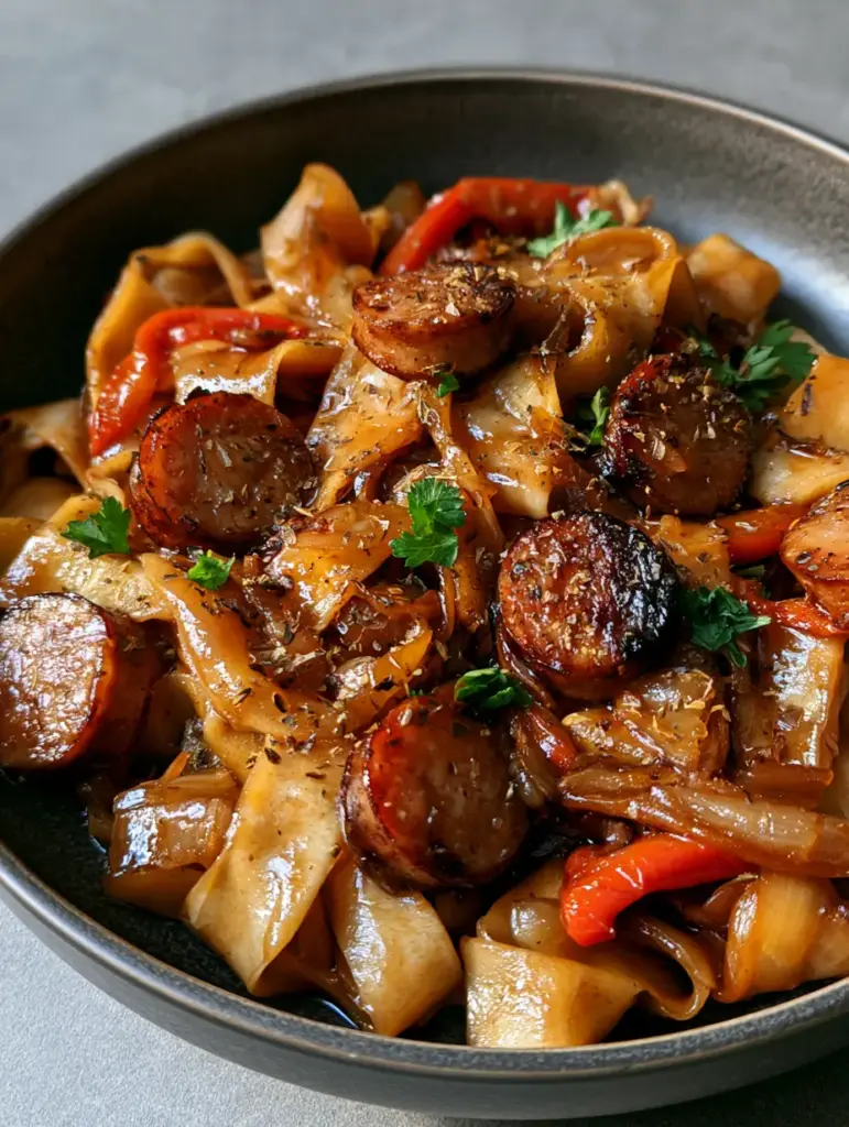 Italian Drunken Noodles with Seared Sausage and Pappardelle 1 Close up of seared sausage and pappardelle noodles coated in a translucent brown wine sauce. (Italian Drunken Noodles)