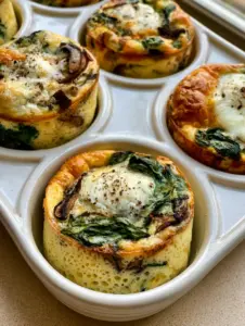 Close up of spongy Healthy Egg Muffins showing browned mushroom slices and wilted spinach.