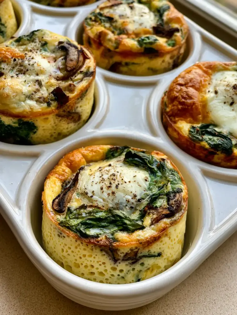 Close up of spongy Healthy Egg Muffins showing browned mushroom slices and wilted spinach.