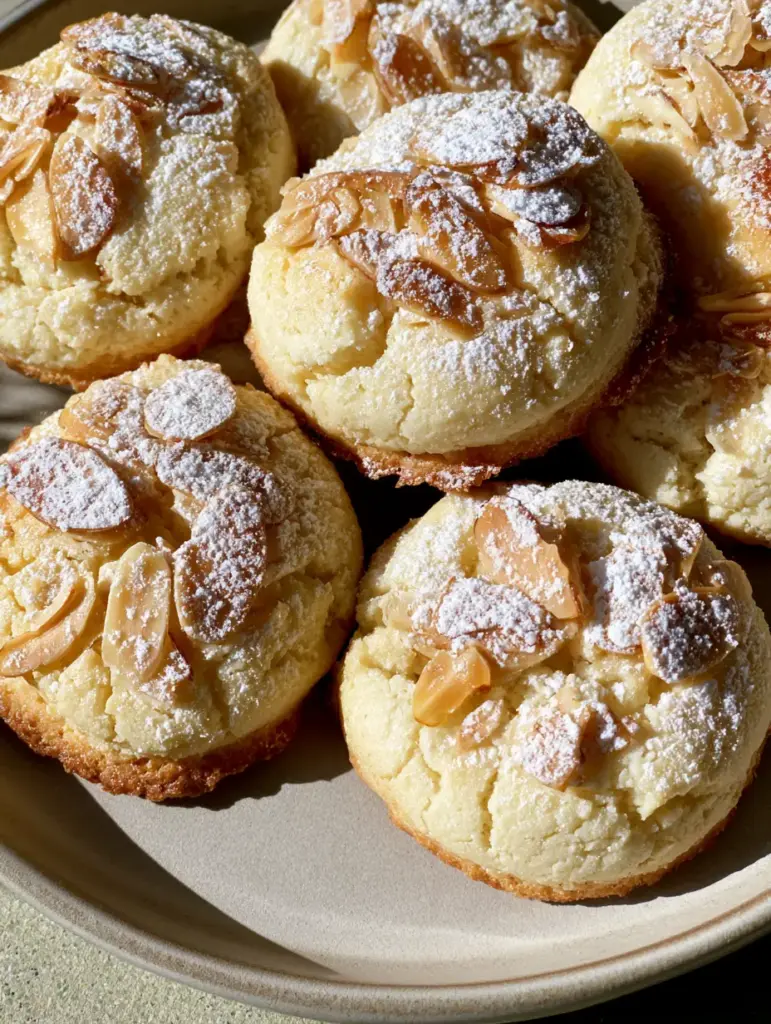 High-angle shot of several round Italian Almond Ricotta Cookies with soft cracked surfaces and golden toasted almonds.