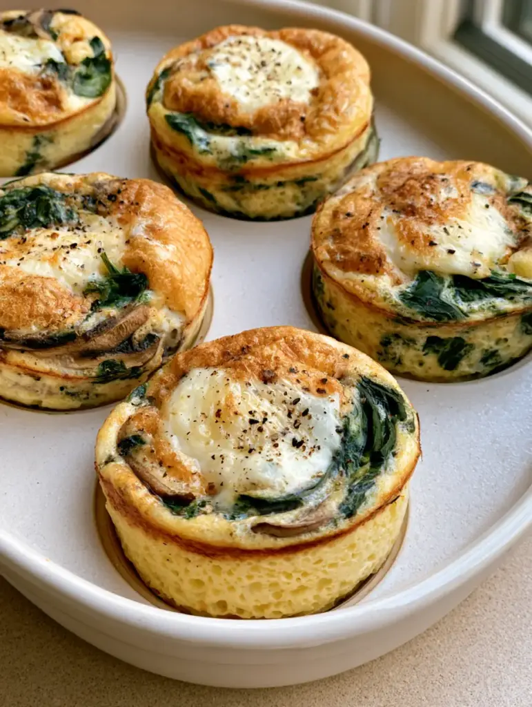 Healthy Egg Muffins with Spinach, Mushrooms, and Golden Mozzarella 1 Healthy Egg Muffins with a golden mozzarella cheese crust and cracked black pepper.