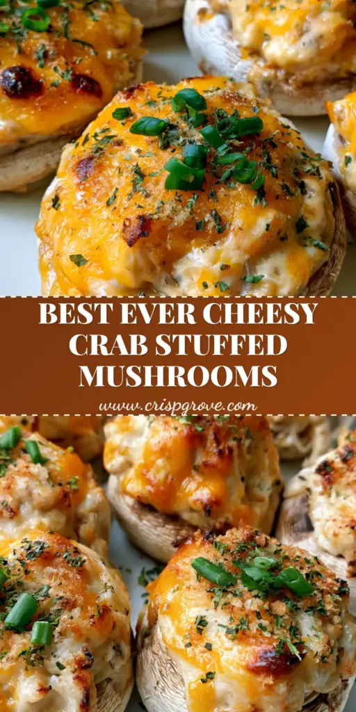 Crab Stuffed Mushrooms with Melted Cheddar and Golden Breadcrumbs 4 A close-up of Crab Stuffed Mushrooms on a white platter, featuring melted cheddar cheese, toasted breadcrumbs with char spots, and fresh green onion garnish.