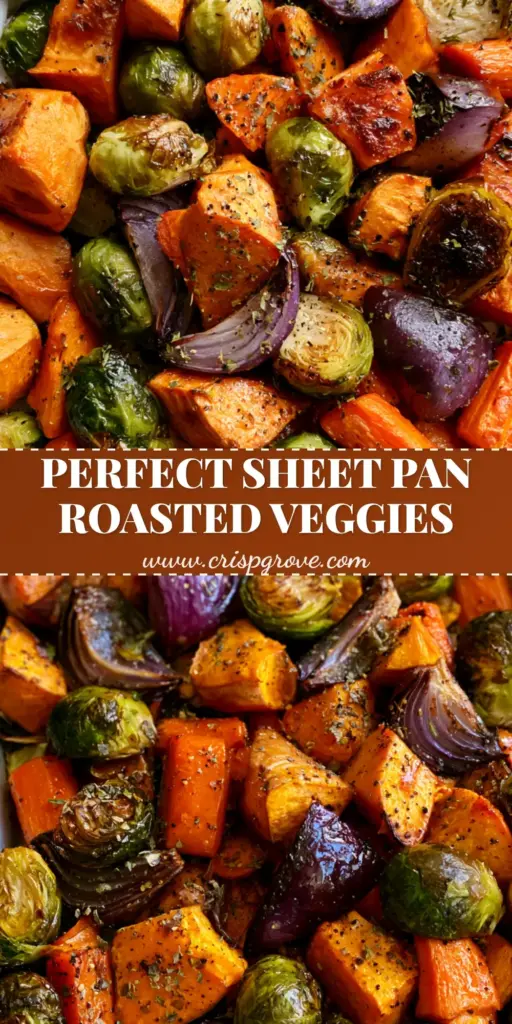 Sheet Pan Roasted Vegetables: The Ultimate Caramelized Rainbow Medley 3 A top-down handheld photo of a silver metal baking sheet with caramelized Sheet Pan Roasted Vegetables including sweet potatoes, charred Brussels sprouts, and red onions on parchment paper.