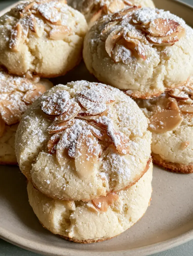 Close-up of moist Italian Almond Ricotta Cookies with golden-brown edges and a dusting of white powdered sugar.
