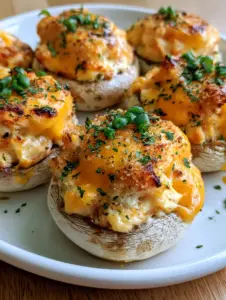 Handheld photo of roasted white mushroom caps filled with creamy lump crab and bubbly cheddar cheese on a white platter.