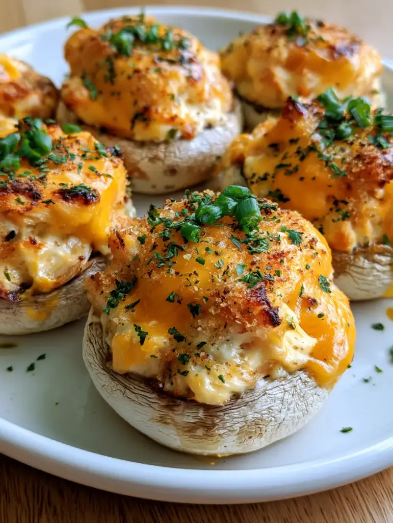 Handheld photo of roasted white mushroom caps filled with creamy lump crab and bubbly cheddar cheese on a white platter.